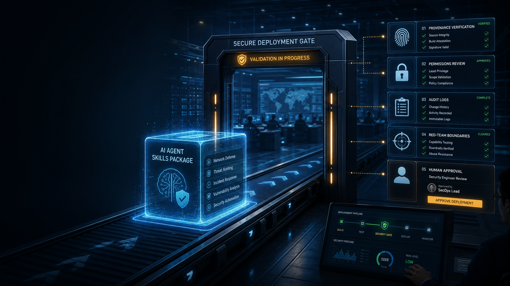 Governed deployment pipeline for cybersecurity skills